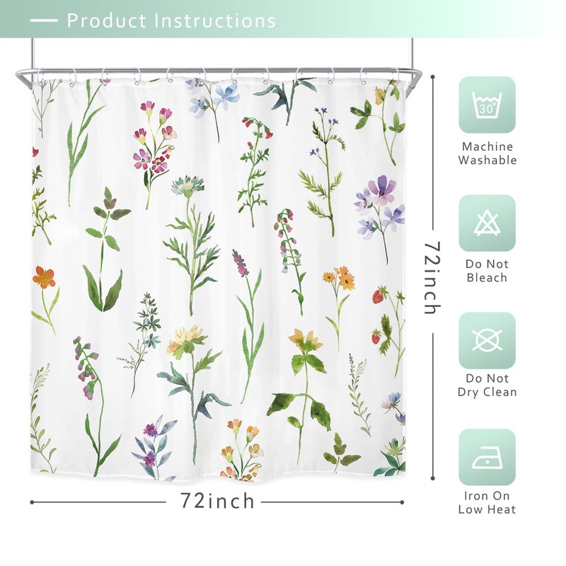 Riyidecor Botanical Shower Curtain for Bathdroom 72Wx72H Inch Watercolor Wildflower Shower Curtains Floral Leaves Plant Flower Girl Bathroom Accessories Women Fabric Waterproof 12 Plastic Shower Hooks - Image 5